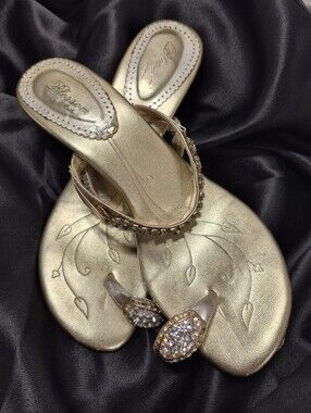 Blossom Collection Gold Y2K Rhinestone Heeled Sandals Sz 7.5 Glam Slip On Shoes